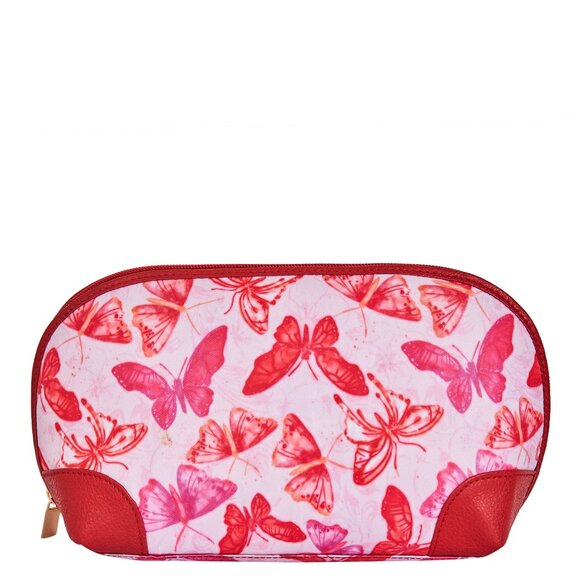 Printed Fabric Pink Cosmetic Pouch Bag for Women, Travel Case with Leather trim - Picture 8 of 8